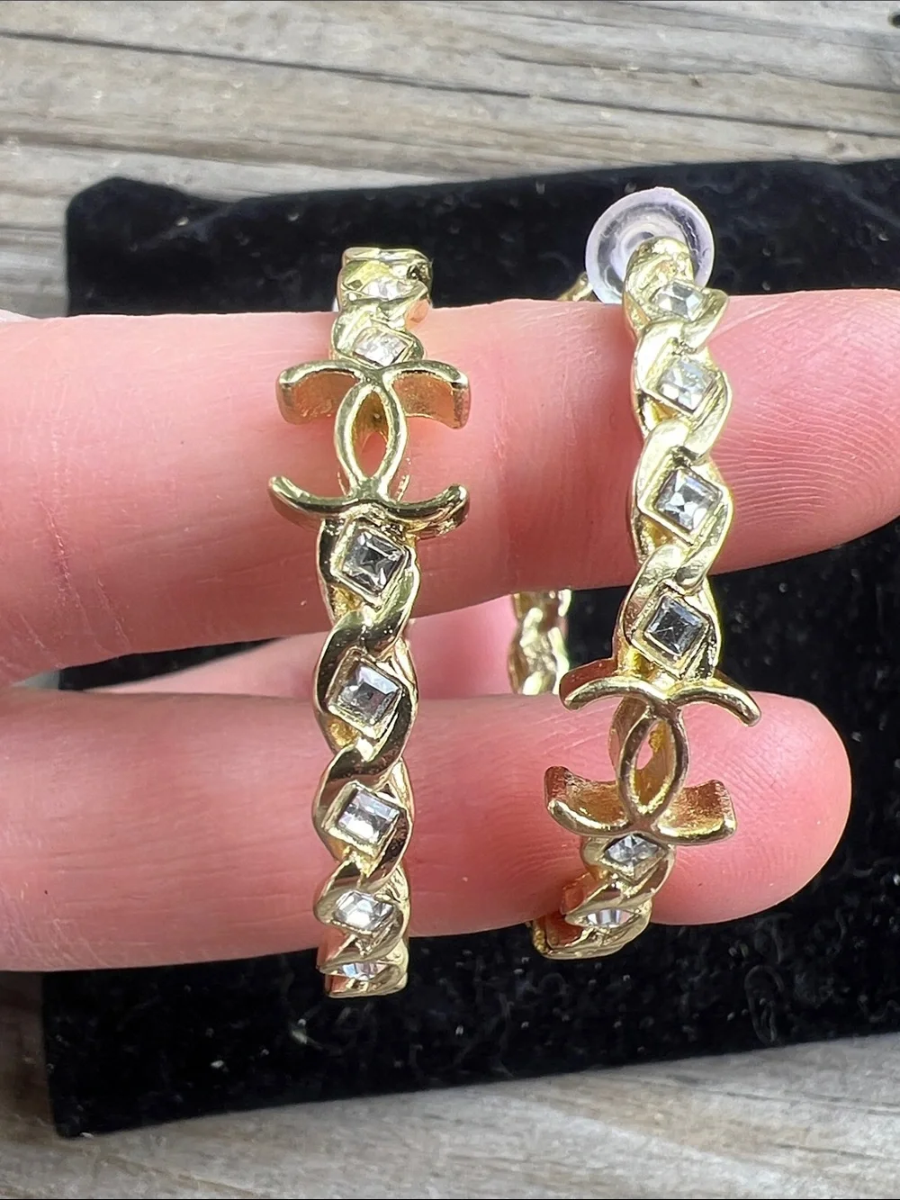 CHANEL Gold-Tone Hoop Earrings with Crystal Accents - Picture 14 of 14